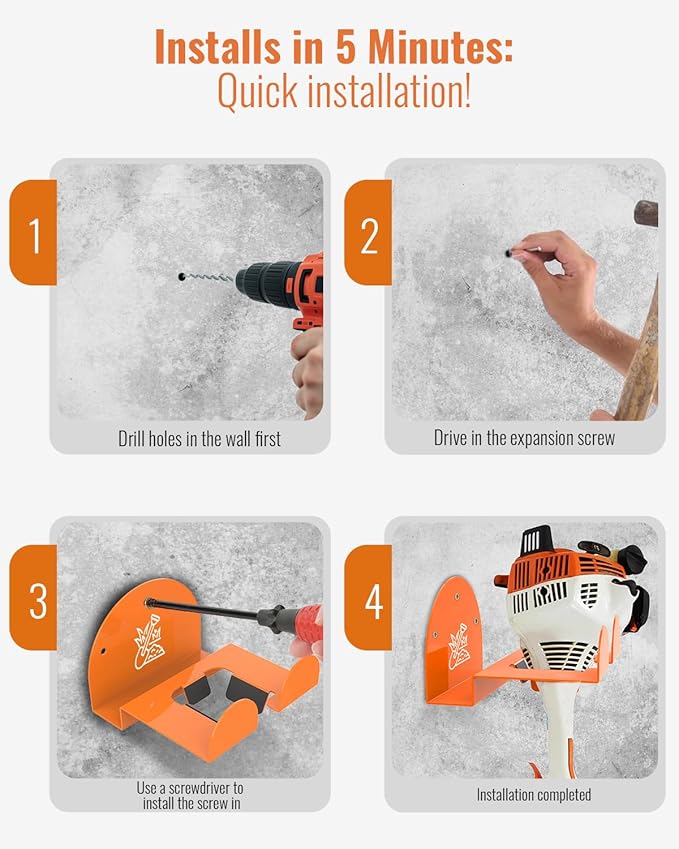 Weedeater Rack & Garden Tool Hanger - 4 Pack - 180LB Heavy-Duty Alloy Steel Wall Mount Set, for Stihl Power Tools, Grass Trimmer, Garden Tools, Space-Saving Storage for Garage, Shed, Workshop