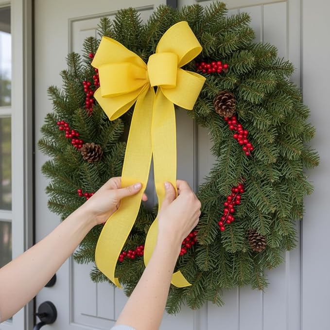 CT CRAFT LLC Burlap Fabric Wired Ribbon 2.5" x 10 Yards Yellow Color for Christmas Home Wedding Decor Gift Wrapping Tree Topper Bow Wreath Bouquet DIY Crafts