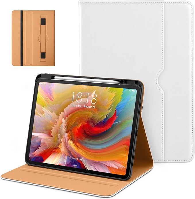 DTTO for iPad Pro 13 inch Case (M4) 2024, Premium Leather Business Folio Stand Cover with Pencil Holder - Auto Wake/Sleep and Multiple Viewing Angles, Built in Hand Strap & Pocket, White