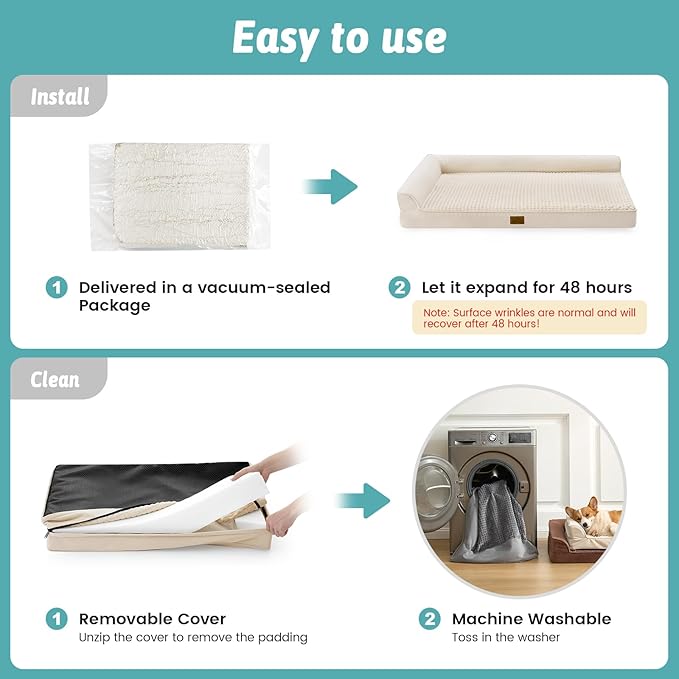 COZY KISS Orthopedic Dog Bed for Medium Small Size Dog, Dogs Crate Bed, L Shaped Foam Anti-Slip Bottom Pet Cat Sofa with Washable Removable Cover, Suitable for Pet Up to 40 lbs, 30x20x6.5 inch, Beige