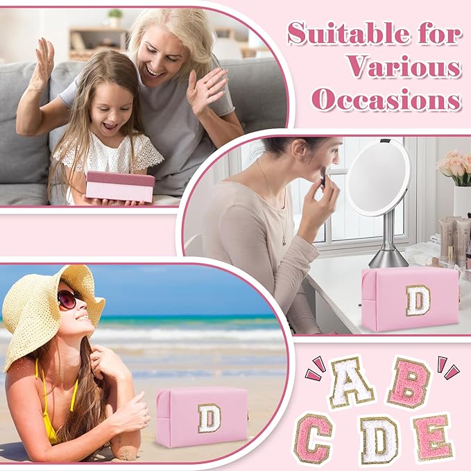 Personalized Initial A-Z Preppy Patch Makeup Bag,Small PU Chenille Letter Cosmetic Bag with Zipper for Teen Girls,Pink Cute Toiletry Organizer Bag,Monogram Makeup Case Gift for Women Girls,Letter D