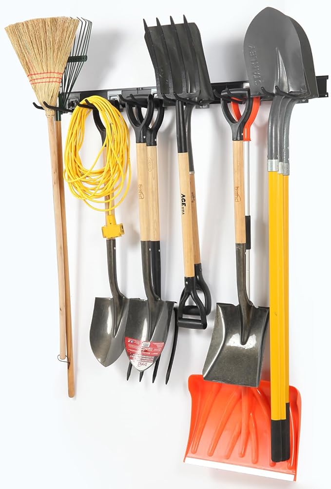 Aking Ace Garage Organization Wall Mount, 48inch Garden Tool Organizer with 6 Clamping Hooks, Heavy Duty, Garage Hanging Storage Rack for Yard Tools, Shovel, Shed, Hold Up to 420lbs (48Inch Black)