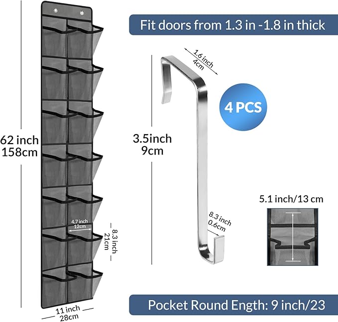 Makryebi Door Shoe Organizer with 14 Mesh Pockets, 59”H x 11.8”W inches, Clear Storage Pockets, 2 Pack,Grey