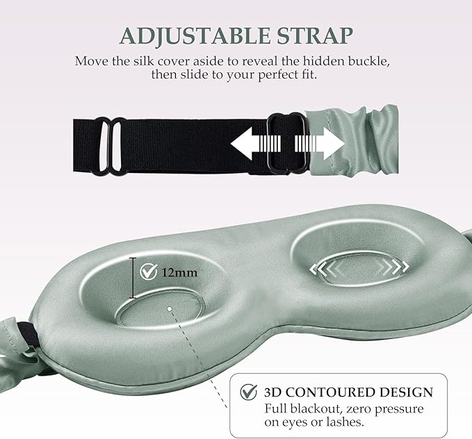 SGMSILK 100% Mulberry Silk Sleep Mask for Unisex, 22 Momme 3D Silk Contoured Eye Mask, Breathable Light Blocking Blindfold with Adjustable Strap, Blackout Eye Cover for Travel, Grayish Green