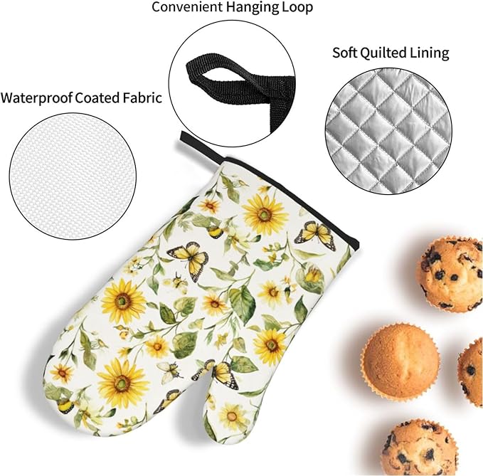 Oven Mitts and Pot Holders Sets of 4 Watercolor Sunflower Butterfly Kitchen Potholder Gloves Heat Resistant Non-Slip for Chef Baking Cooking Grilling BBQ Mittens