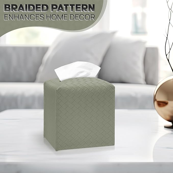 Tissue Box Cover Holder, PU Leather Tissue Box Cover with Braided Pattern, Square Tissue Holder with Bottom Belt, Modern Organizer for Bathroom, Car, Office,(Rock Gray Green, 12 Braided Patterns)