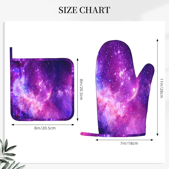 Galaxy Oven Mitts and Pot Holders Set Silicone Heat Resistant Galaxy Star and Nebula Kitchen Gloves Set Nebula Kitchen Mittens Pot Holders for BBQ Cooking Baking Grilling