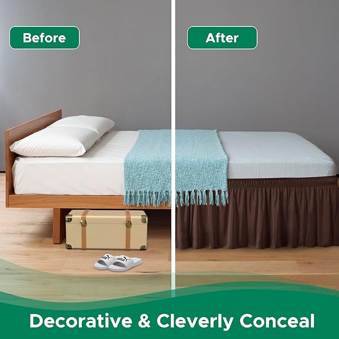 Biscaynebay Wrap Around Bed Skirts for Twin & Twin XL Beds 15" Drop, Brown Adjustable Elastic Dust Ruffles Easy Fit Wrinkle & Fade Resistant Silky Luxurious Fabric Machine Washable