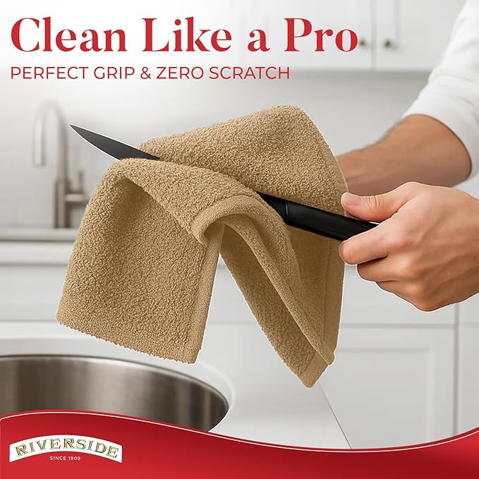 RIVERSIDE Bar Mop Towels Pack of 12, 16x19 Inches, 100% Ring Spun Cotton Terry Cloth Kitchen Towel, Highly Absorbent & Reusable Multipurpose Cleaning Rags for Bathroom, Hotel, Restaurant, Tan