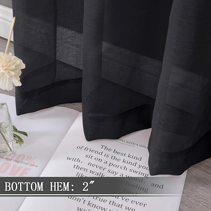 Tollpiz Sheer Tier Curtains Kitchen Linen Textured Half Curtain Sheers Light Filtering Rod Pocket Voile Bathroom Short Curtains for Farmhouse, 25 x 30 inches Long, Black, Set of 2 Panels