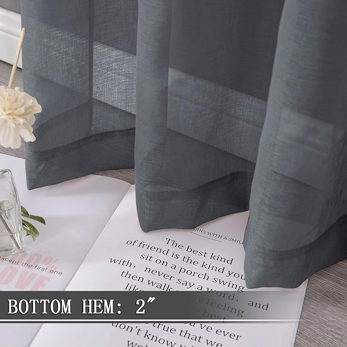 Tollpiz Short Sheer Curtains Linen Textured Bedroom Curtain Sheers Light Filtering Rod Pocket Voile Curtains for Living Room, 54 x 45 inches Long, Dark Grey, Set of 2 Panels