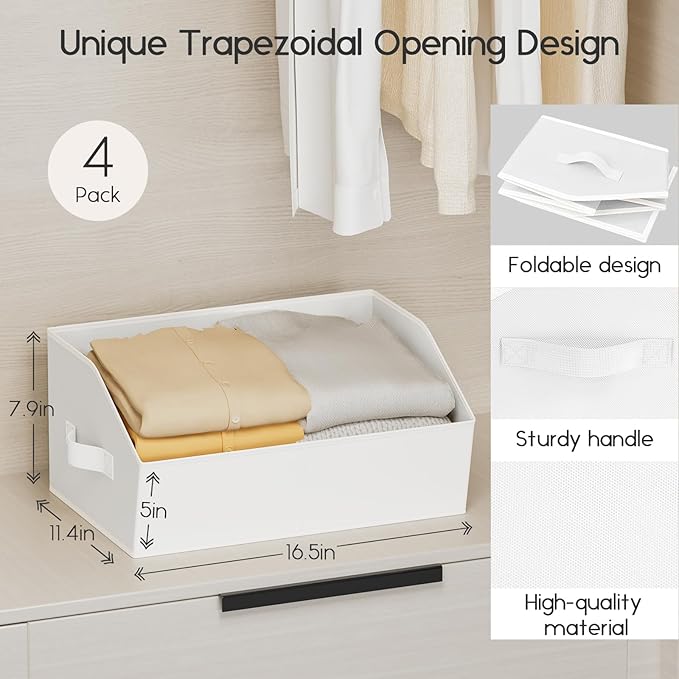 Homsorout Large Closet Organizers and Storage Bins - 4 Pack Trapezoid Storage Baskets for Shelves, Foldable Fabric Baskets with Handles Ideal for Closet, Basket, Wardrobe and Shelf Storage, White