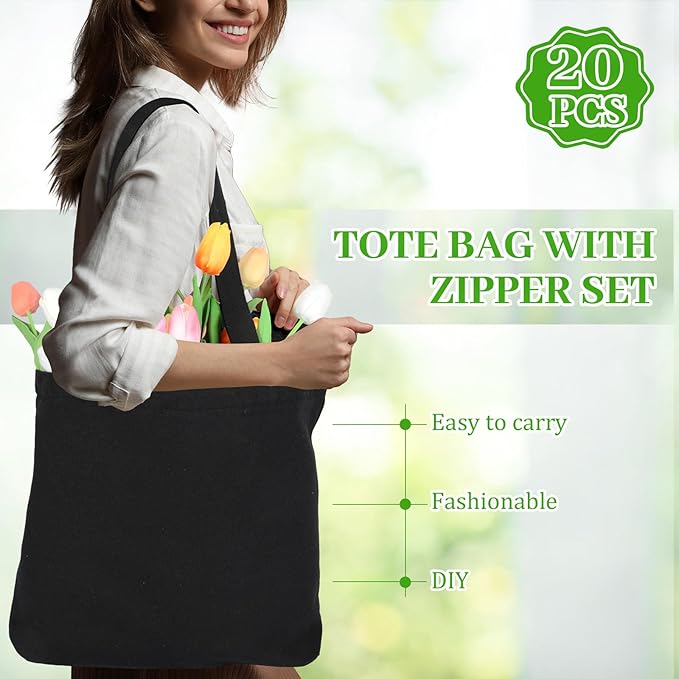 Silkfly 20 Pcs Canvas Tote Bags Bulk 16.5x13.4'' Blank Cotton Canvas Bag with Zipper Handles Reusable Plain Grocery Makeup Handbag for DIY(Black)