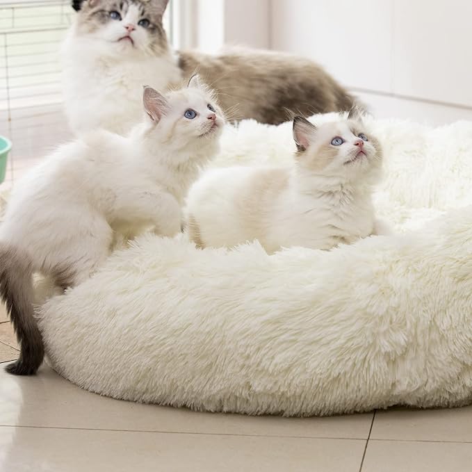 Raimaiso Anti Anxiety Round Fluffy Plush Faux Fur Warm Washable Dog Bed & Cat Bed, Original Bed for Small Medium Large Pets,Used to Relieve Joints and Improve Sleep（20"/24"/27''） (20", White)