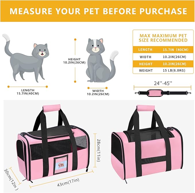 Seclato Cat Carrier Pet Carriers Airline Approved for Small Dogs Kitten Carriers for Small Medium Cats Under 15lb, Collapsible Soft Sided TSA Approved Travel Carrier, Pink