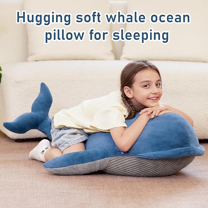 Tezituor 43.3 inch Giant Whale Stuffed Animal, Large Realistic Blue Stuffed Whale Plush Ocean Toys Gift for Christmas Birthday, Hugging 4ft Soft Whale Plush Body Pillow for Girls Boys