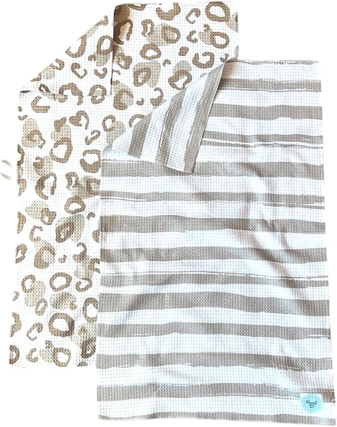 Desert Aqua || 2 Pack Double Sided || Waffle Weave Microfiber || Tea Towels || Highly Absorbent || Hanging Loop || Dish Cloths || Modern || Designer Prints || Double Sided || Cheetah & Stripes