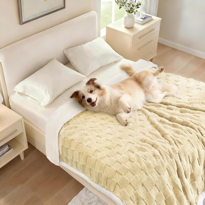 Luciphia Waterproof Dog Blanket for Medium Dogs Washable Soft Sherpa Fleece Cat Blankets with 3D Jacquard Cozy Calming Reversible Couch Protector Furniture Protection for Pet, Beige White, 57x40 inch