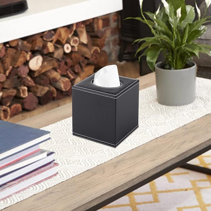 RHCSZ PU Leather Tissue Box Cover Square,Upgrade Large Size Napkin Holder Pumping Paper Case Dispenser,Facial Tissue Holder with Magnetic Bottom for Home Office Car Hotel Restaurant Black (Black-1)