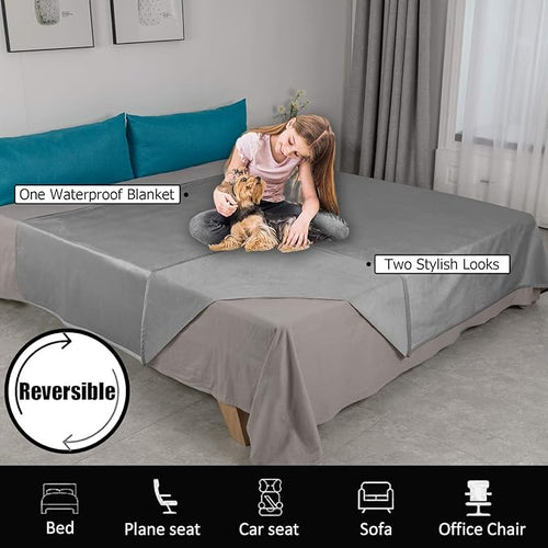 Ameritex Pet Bed Blanket Reversible 100% Waterproof Velvet Super Soft for Sofa and Bed (82x102 Inches, Light Grey+Grey)