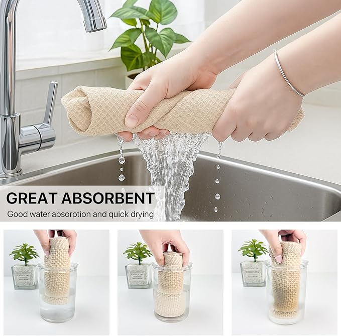 FreeNook 100% Cotton Waffle Weave Kitchen Towels, 4 Pack Dish Cloths for Washing Dishes, Ultra Soft Absorbent Dish Towels, Quick Drying Kitchen Rags, 13x28 Inches, Beige