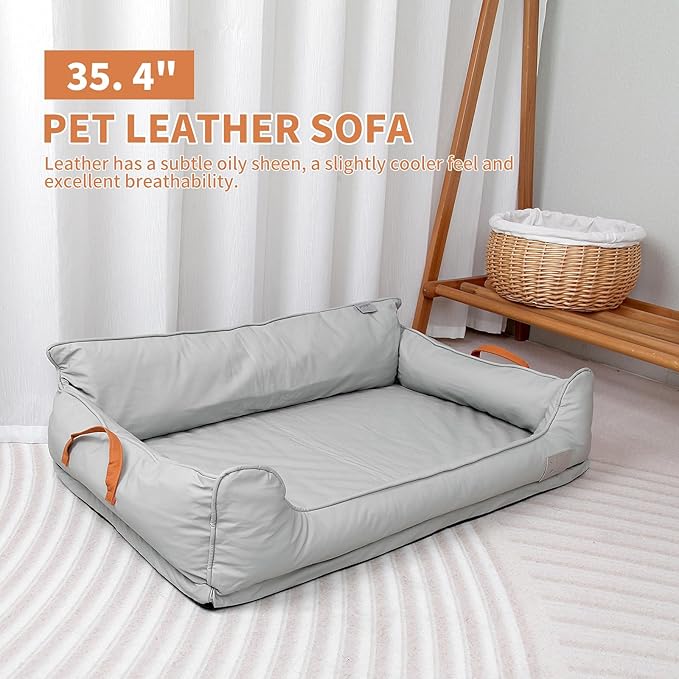 Removable Orthopedic Dog Beds for Large Dogs, Leather Memory Foam Dog Sofa Bed, Waterproof Durable Dogs Bed Couch with Non Skid Bottom for All Pet Sizes (Silver Gray, X-Large)
