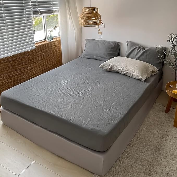 Simple&Opulence Washed Linen Bed Sheet Set Basic Style 4 Pieces (1 Flat Sheet & 1 Fitted Sheet & 2 Pillowcases) 100% Natural French Flax Soft Breathable Farmhouse Bedding (King, Ultimate Gray)