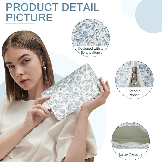 Gosect Floral Makeup Bag, Cute Cosmetic Bag for Women Girls, Quilted Cotton Make up Pouch, Travel Makeup Bags, Portable Storage Toiletry Organizer Bag(Navy Blue)