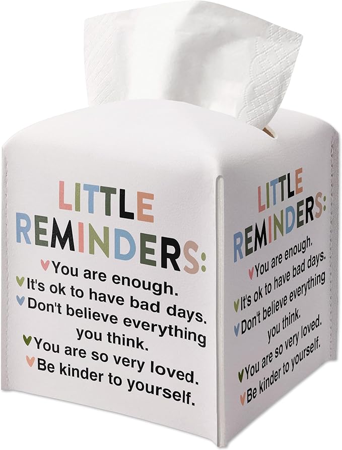 Cute Leather Tissue Box Cover Square, Inspirational Decorative Tissue Box Holder, Housewarming Gift Ideas for Family Friends, Little Reminders Desk Decor for Bathroom Office-(5.2 Inches) A01