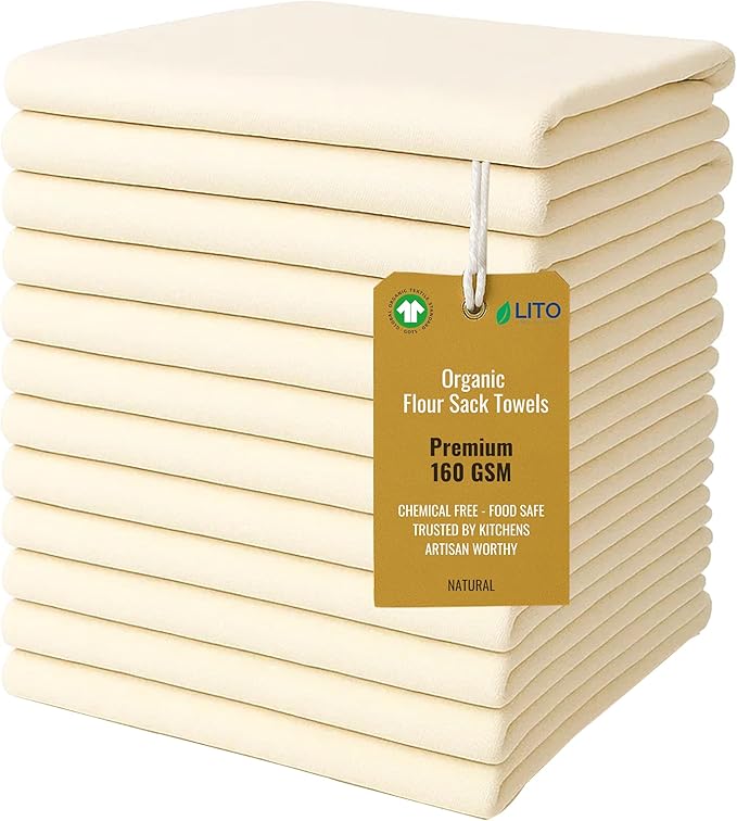 Flour Sack Towels | Tea Towel for Crafts| Kitchen Dish Cotton Blank Towel for Embroidery| Baking Bread Proofing Linen Cover| Thick Absorbent Quick Dry| 12 Pack 28"x28" Natural