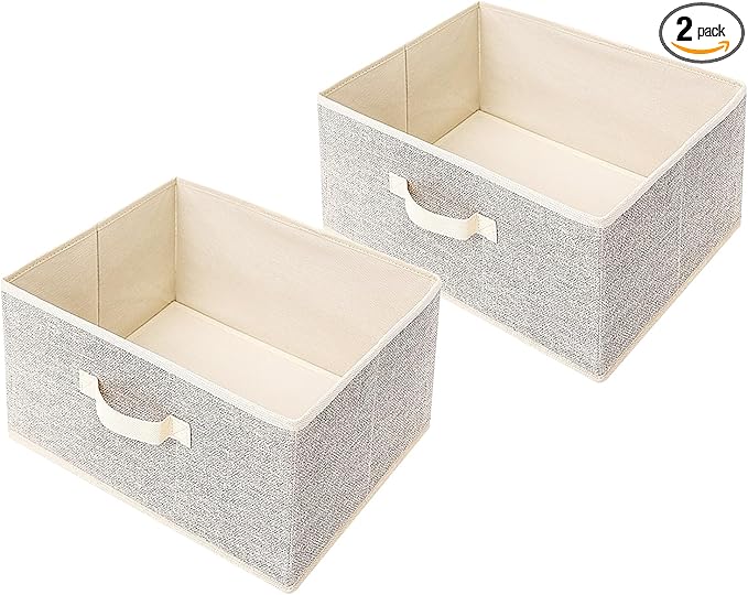 EITMOW Storage Baskets, 15.7 Inch Woven Fabric Bins, Storage Cubes with Reinforced Handles, Organizer Bins for Closet Shelves, Foldable, Clothes. (2PCS/Beige-15.7*11*7.8inch)