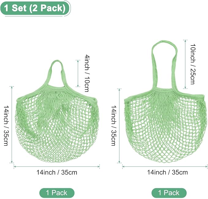M METERXITY 2-Pack Cotton Mesh Bag, Reusable Washable Mesh Net String Grocery Bags, Reusable Produce Bags with Handle, Net Tote Bag for Fruits/Vegetables Shopping [Avocado, Long&Short Handle]