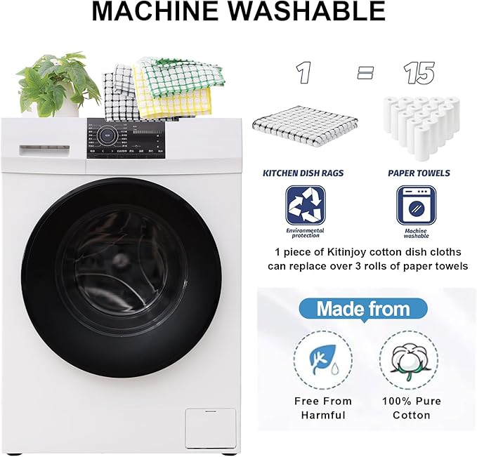 Kitinjoy Cotton 12 Pack Terry Kitchen Dish Cloths, 12 x 12 Inches Super Soft and Absorbent Dish Rags, Quick Drying Dish Towels for Washing Dishes, Black