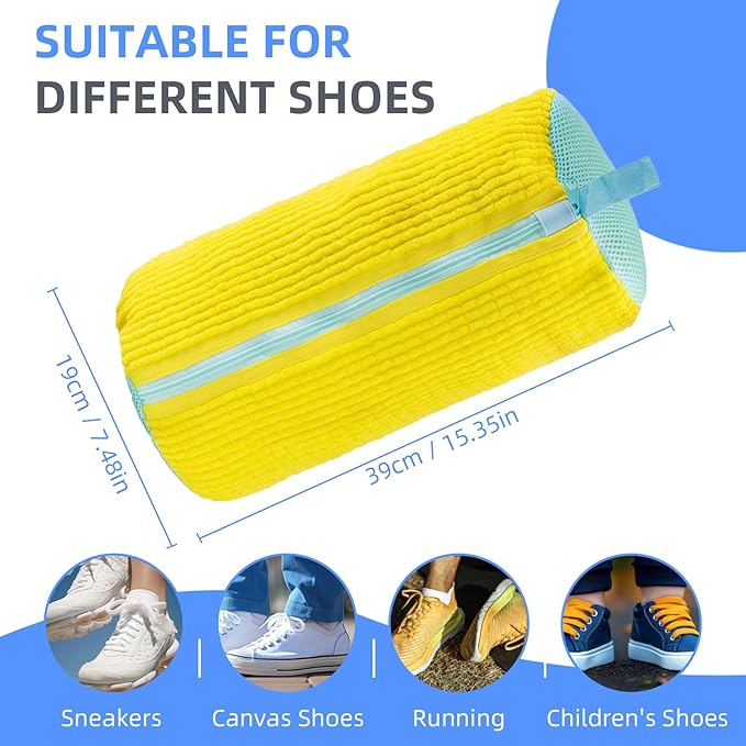 Shoe Washing Bag for Washing Machine,Fluffy Fibers Keep 360° Wrap-around Cleaning,2PCS Laundry Shoe Bag for Washer and Dryer,Invisible Zipper Side Opening Reusable Shoe Washing Bag for All Shoes