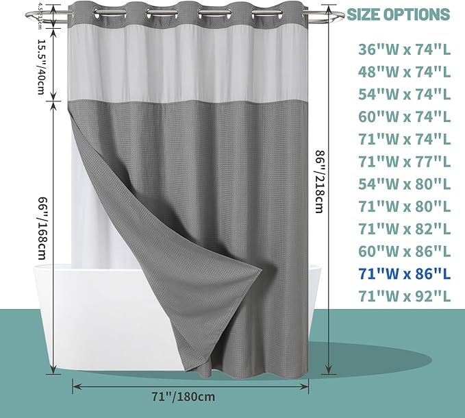 eachope Grey Extra Long No Hook Waffle Weave Shower Curtain with snap-in Liner Replacement, 230GSM Waterproof Fabric Hotel Shower Curtain Set for Bathroom, Through Mesh Top Window,71Wx86H