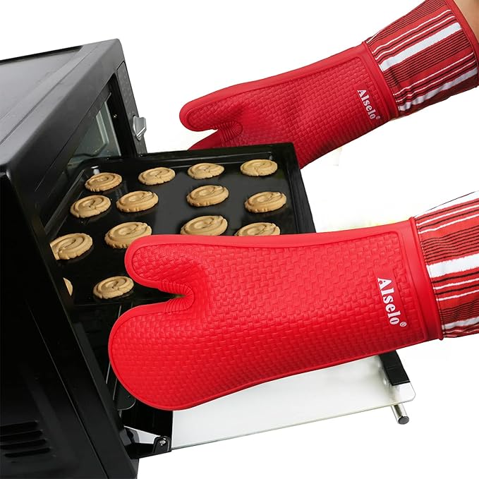 Silicone Oven Mitts Heat Resistant 550 Degree, Extra Long Kitchen Mittens with Non-Slip and Waterproof Pot Holders for Baking Cooking Barbecue Microwave Machine Washable(Extra Long red, 2)