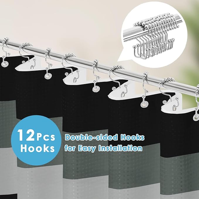 Nesphy Shower Curtain and Liner, Black and Grey Striped 3 in 1 Shower Curtain and PEVA Liner Set with 12 Rust-Resistant Metal Hooks, Waterproof Fabric Shower Curtains for Bathroom, 72 W x 72 H
