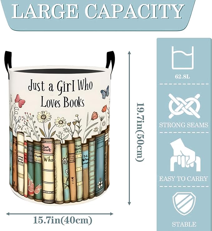VODRM Book Flower Butterfly Laundry Basket, Dirty Collapsible Clothes Toy Organizer Hamper for Kids Adults, Oxford Cloth Waterproof Storage Bin for Bedroom Bathroom Home Decor Gifts, 19.7"X15.7"