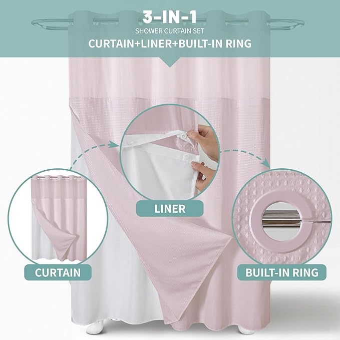 eachope BlushPink Extra Long No Hook Waffle Weave Shower Curtain with snap-in Liner Replacement, 230GSM Waterproof Fabric Hotel Shower Curtain Set for Bathroom, Through Mesh Top Window,71Wx86H