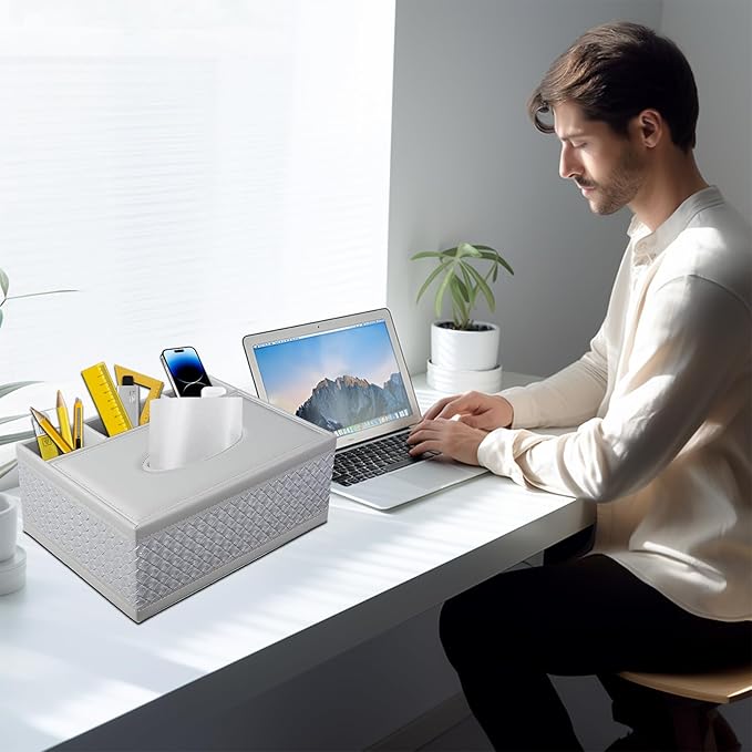 XNONE Tissue Box Cover Rectangle White Kleenex Box Holder PU Leather Facial Tissue Organizer,Multifunctional Remote Control Stationery Storage Box,Home Office Supplies Car Napkin Caddy