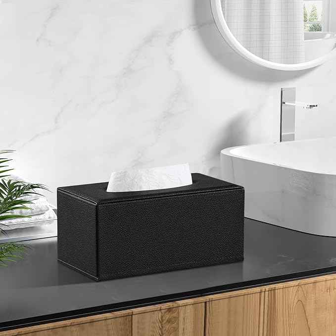 JLAMBOM Rectangle Tissue Box Cover for 120 to 160 Count Box of Tissues, PU Leather Tissue Holder with Magnetic Closure (Black)