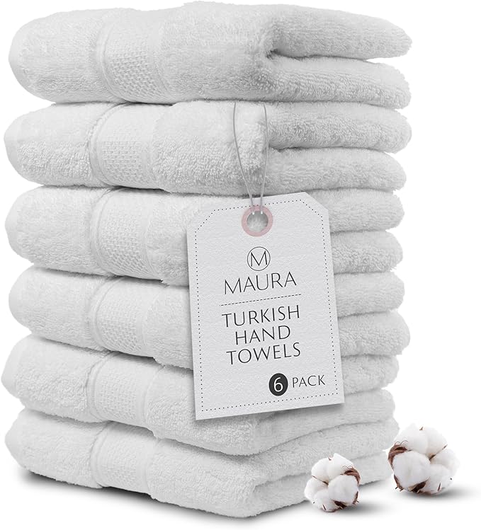 MAURA White Hand Towels for Bathroom. Luxury Turkish Cotton Bath Hand Towels Set of 6. Ultra-Soft, Thick & Plush - White