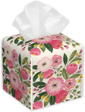 Spring Flowers Bouquet Tissue Box Cover Square,Tissue Box Holder with Belt Bottom,Stylish Leather Napkin Holder for Vanity Countertop,Nightstands,Office Desk,5.2"×5.2"×5.2"