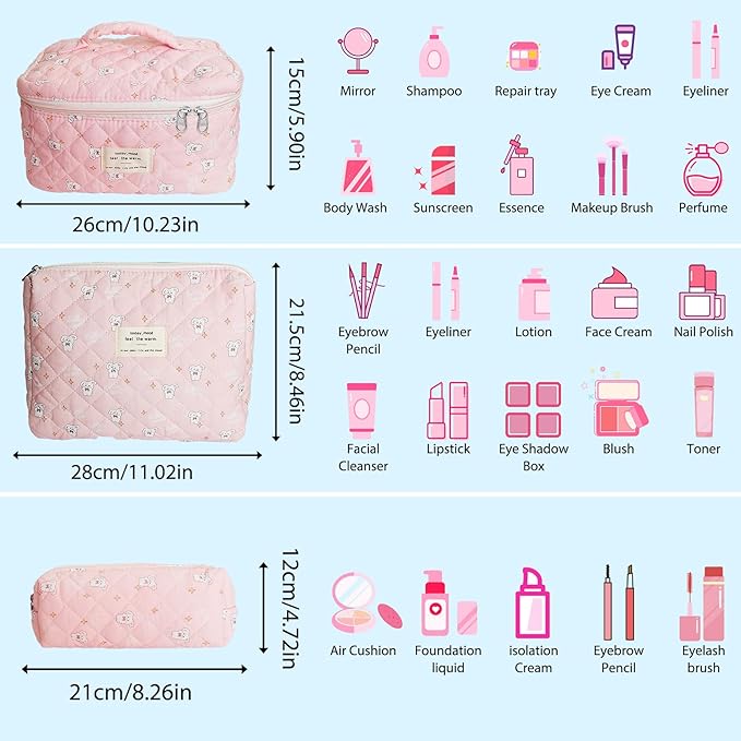 Cozomga Quilted Makeup Bag, Large Capacity Travel Cosmetic Bag for Women and Girls, Aesthetic Storage for Daily and Travel Use (3pcs-RabbitAnimalPrint)