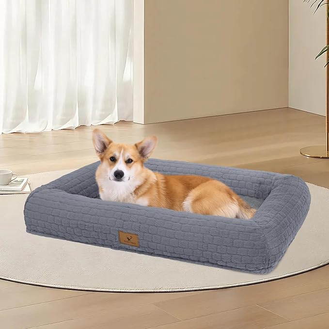 Plush Orthopedic Dog Bed for Medium Large Dogs, Memory Foam Bolster Sofa Bed with Removable Washable Cover, Waterproof Lining & Non-Slip Bottom (Grey-S)
