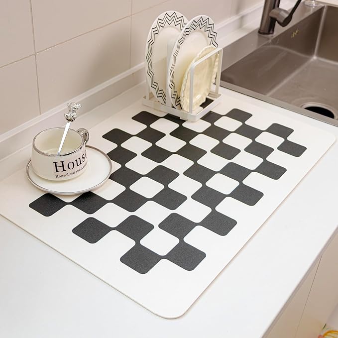 2PCS Checkered Dish Drying Mat 24''x16'' Water Absorbent Coffee Mat Dish Drying Pad for Kitchen Counter Bathroom Pet Feeding Area,Black Checkered