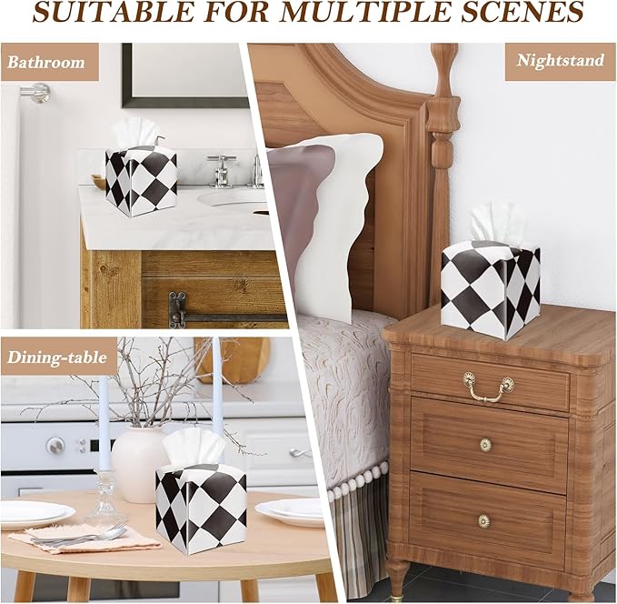 Black and White Checkered Tissue Box Cover Square, Leather Tissue Holder with Bottom Belt, for Nightstands Desks Office Bathroom Car Vanity Home Decor Supplies -005
