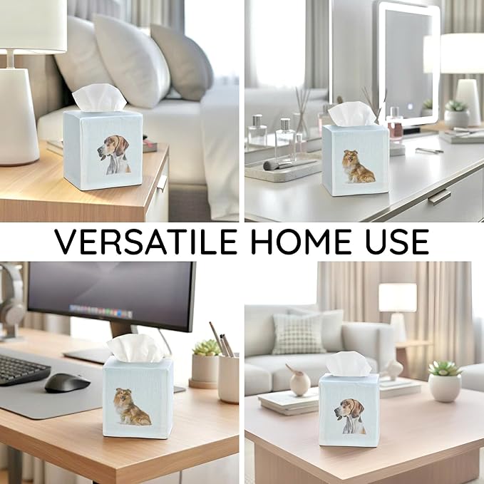 EmbroideryLinen.VN Tissue Box Cover Set of 2, Square Linen Tissue Holder, Printed Animal Pattern, 4.5x4.5x5.5 Inches, Decorative Holder for Bathroom, Living Room, Office (Dog - Ivory)