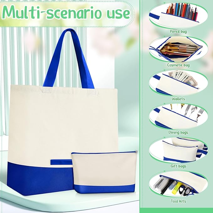 Sanwuta Canvas Tote Bags Bulk with Zipper Cosmetic Pouch 18.5" Reusable Cotton Shopping Bag with Handle for DIY Craft