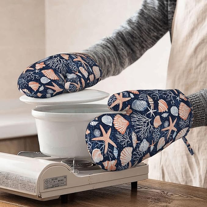Oven Mitts 2 Pack, Silicone Kitchen Gloves, Heat Resistant with Non-Slip Grip and Soft Quilted Cotton Lining for Cooking Barbecue Backing (Seashells and Coral)